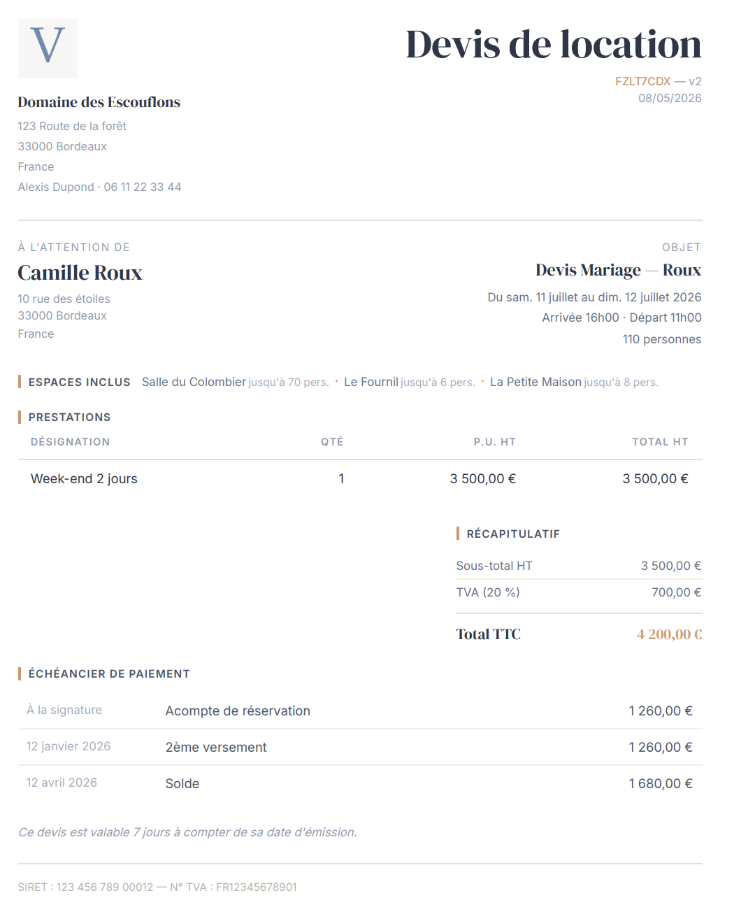 Devis de location généré par Venly