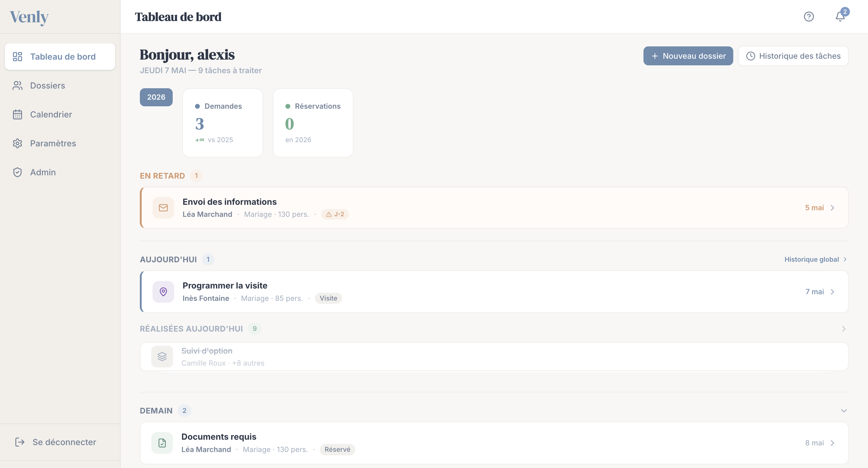 Tableau de bord Venly — actions du jour
